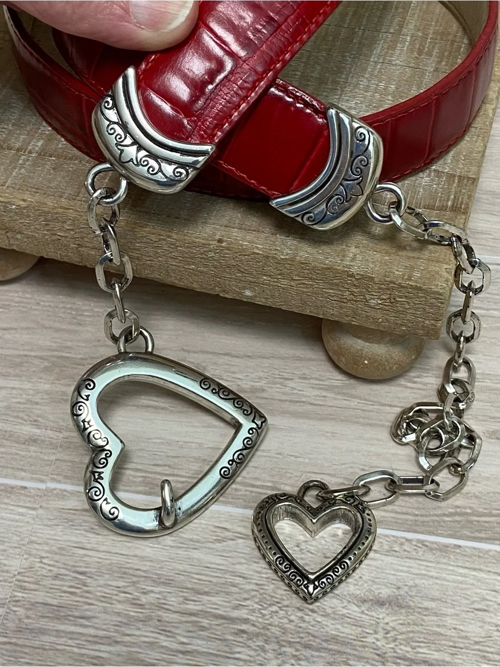 Red Leather Embosses Belt with Silver Chain and Heart Buckle